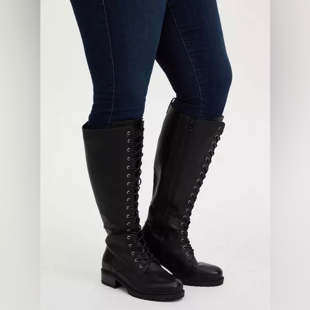 Black Faux Leather Lace-Up Knee-High Combat Boot (Wide Width) Torrid Boots, 8.5